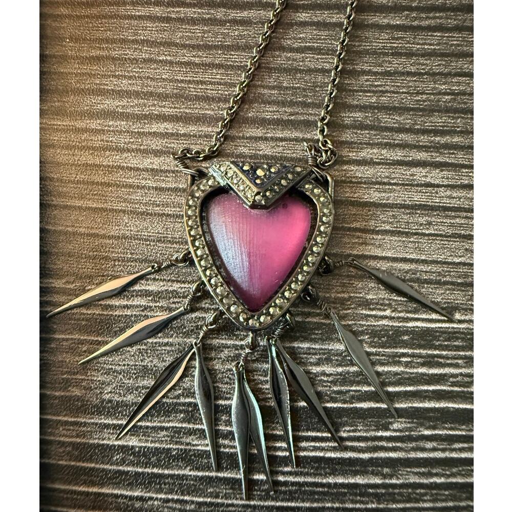 Alexis Bittar Lucite Spiked Heart Marcasite Pendant Necklace Punk Goth